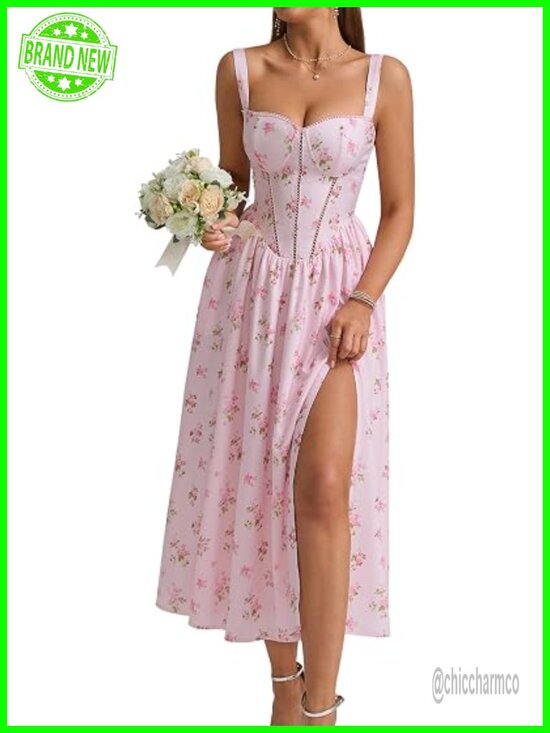 Dresses & Skirts - Floral Corset Midi Dress with Pockets Flowy Square Neck Smocked A-Line Summer
